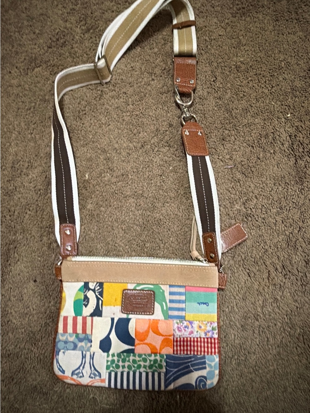 Coach Multicolor Patchwork Crossbody with Tan Leather Trim used still in good co